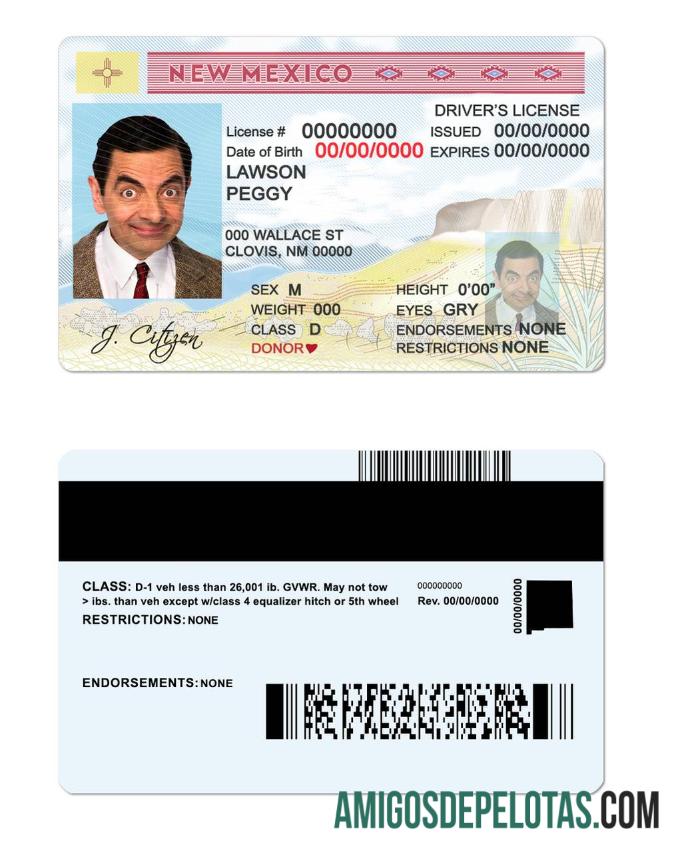 Carteira de motorista do estado dos EUA no Novo México exemplo real